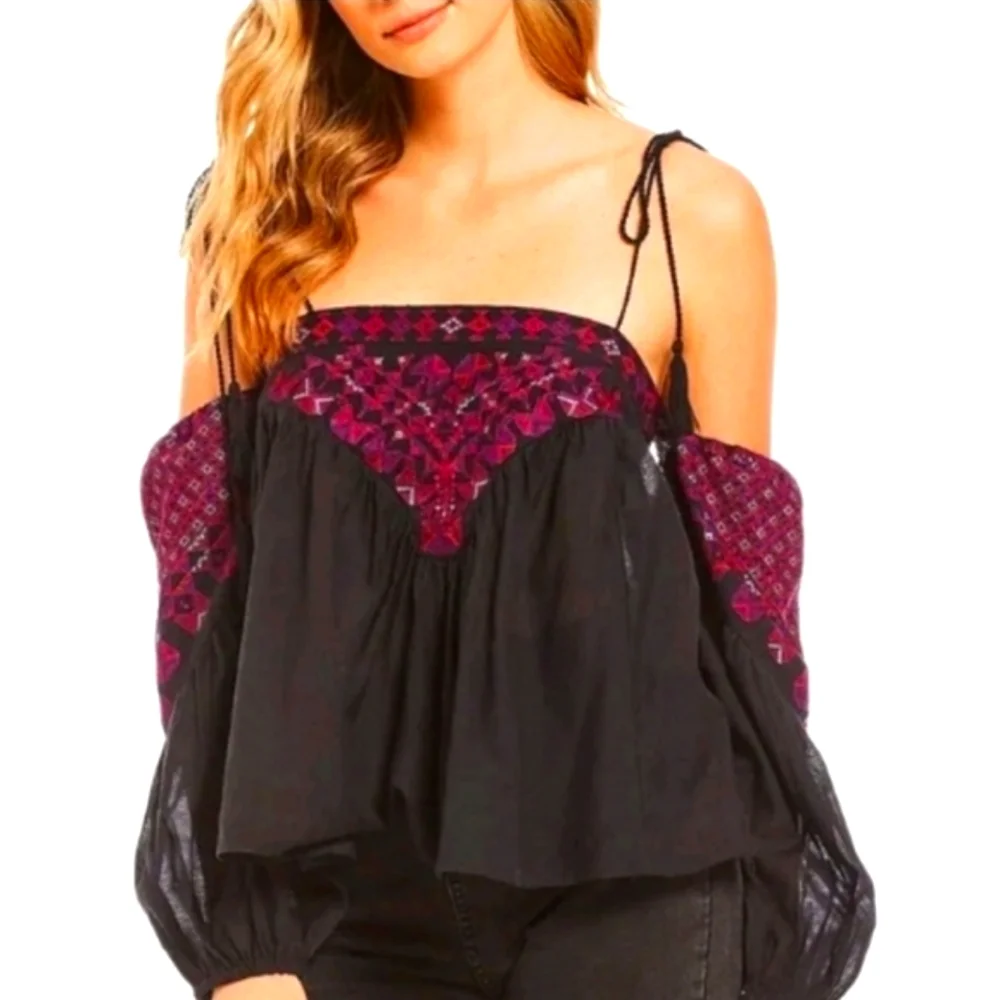 FREE PEOPLE boho festival embroidered vacay vibin peasant top black Large NWT - Picture 1 of 7